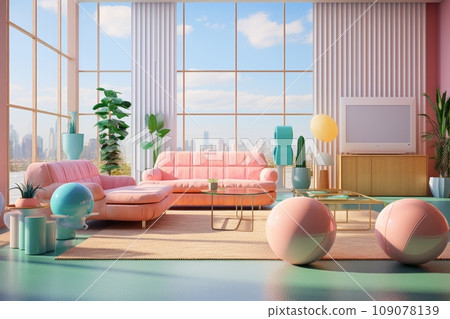 A well-composed interior shot of a living room with '90s furniture, featuring vaporwave elements like pastel colors and geometric shapes. Generative Ai 109078139