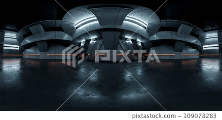 360 degree full panorama environment map of of a futuristic building illuminated with vibrant lights 3d render illustration 109078283
