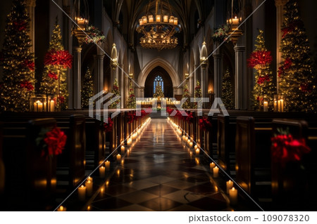 Beautifully decorated church interior with candlelit pews, emphasizing the spiritual aspect of Christmas celebrations. Generative Ai Beautifully decorated church interior with candlelit pews, emphasizing the spiritual aspect of Christmas celebrations. Generative Ai 109078320