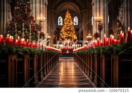 Beautifully decorated church interior with candlelit pews, emphasizing the spiritual aspect of Christmas celebrations. Generative Ai 109078325