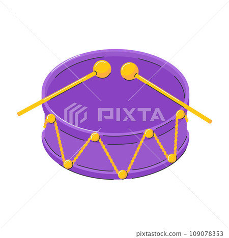 Drum with sticks. Percussion Musical instrument. A symbol of Mardi Gras, Brazilian carnival, festival. Flat decorative element. Vector illustration isolated on a white background. Drum with sticks. Percussion Musical instrument. A symbol of Mardi Gras, Brazilian carnival, festival. Flat decorative element. Vector illustration isolated on a white background. 109078353