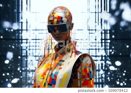 A model wearing glitch-inspired fashion in a high-fashion setting, combining avant-garde style with digital artistry. A model wearing glitch-inspired fashion in a high-fashion setting, combining avant-garde style with digital artistry. 109078412