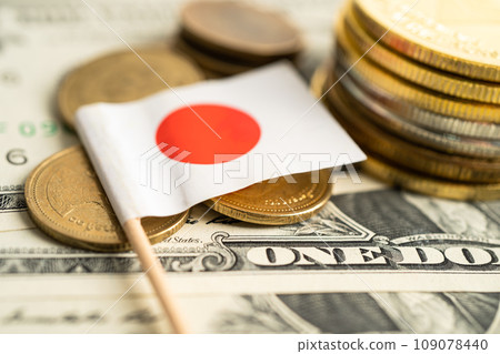 Stack of coins with Japan flag and US dollar banknotes. Stack of coins with Japan flag and US dollar banknotes. 109078440