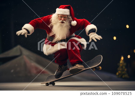 Santa Claus executing impressive skateboard tricks in a skatepark, blending Santa's iconic image with skate culture. Santa Claus executing impressive skateboard tricks in a skatepark, blending Santa's iconic image with skate culture. 109078525