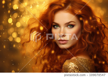 Curly Redhead Woman with stylish makeup on golden glitter on golden sparkling background. Curly Redhead Woman with stylish makeup on golden glitter on golden sparkling background. 109078547