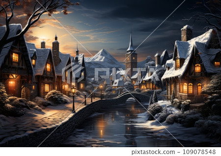 A small village covered in snow, with a church in the center of the scene. The church has a tall steeple, and there are Christmas lights wrapped around the trees in the village square. 109078548