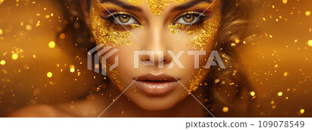 Banner of Young woman with golden stylish glitter makeup on golden sparkling background. 109078549