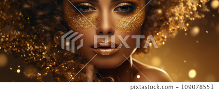 Banner of Young woman with golden stylish glitter makeup on golden sparkling background. 109078551