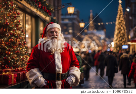 Santa Claus stands proudly on a rooftop, overlooking a bustling Christmas metropolitan city. Santa Claus stands proudly on a rooftop, overlooking a bustling Christmas metropolitan city. 109078552