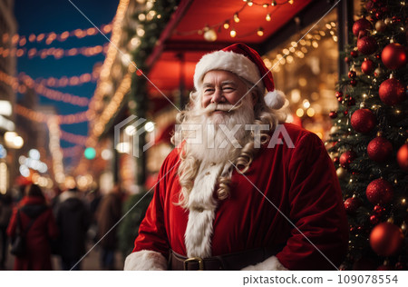 Santa Claus stands proudly on a rooftop, overlooking a bustling Christmas metropolitan city. Santa Claus stands proudly on a rooftop, overlooking a bustling Christmas metropolitan city. 109078554
