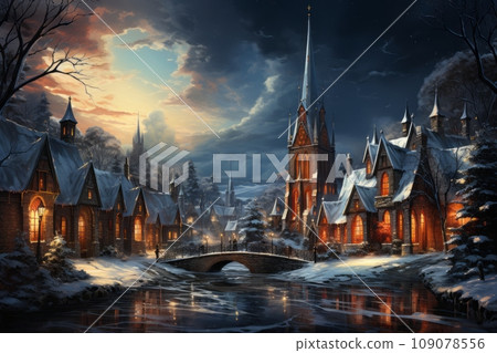 A small village covered in snow, with a church in the center of the scene. The church has a tall steeple, and there are Christmas lights wrapped around the trees in the village square. A small village covered in snow, with a church in the center of the scene. The church has a tall steeple, and there are Christmas lights wrapped around the trees in the village square. 109078556