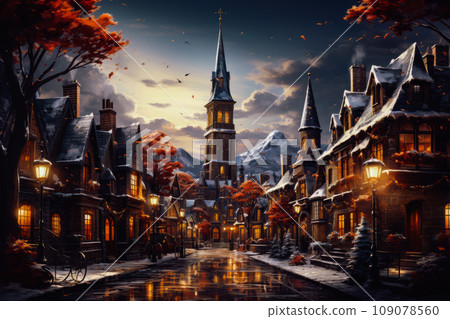 A small village covered in snow, with a church in the center of the scene. The church has a tall steeple, and there are Christmas lights wrapped around the trees in the village square. A small village covered in snow, with a church in the center of the scene. The church has a tall steeple, and there are Christmas lights wrapped around the trees in the village square. 109078560