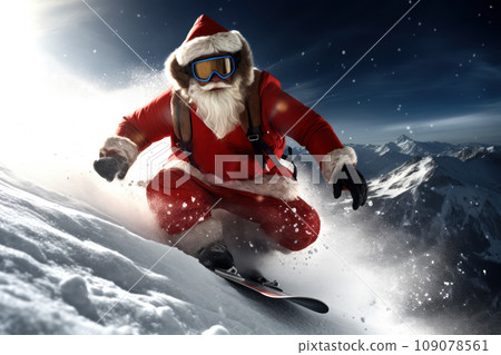 An action shot of Santa Claus snowboarding down a mountain slope, combining the thrill of extreme sports with the magic of Christmas. 109078561