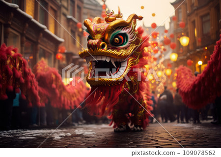 A festive image capturing a vibrant dragon parade during Chinese New Year celebrations, blending cultural tradition with the mythical dragon motif. A festive image capturing a vibrant dragon parade during Chinese New Year celebrations, blending cultural tradition with the mythical dragon motif. 109078562