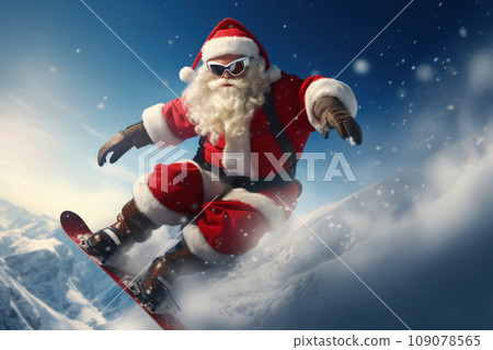 An action shot of Santa Claus snowboarding down a mountain slope, combining the thrill of extreme sports with the magic of Christmas. 109078565