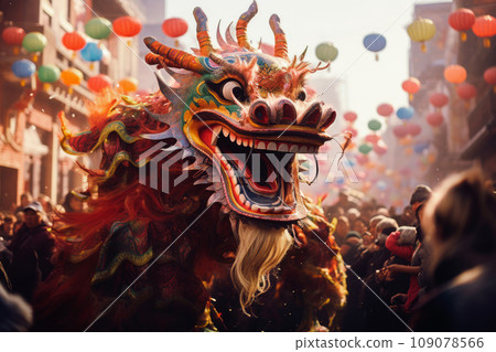 A festive image capturing a vibrant dragon parade during Chinese New Year celebrations, blending cultural tradition with the mythical dragon motif. A festive image capturing a vibrant dragon parade during Chinese New Year celebrations, blending cultural tradition with the mythical dragon motif. 109078566