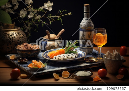 An artful composition of sake paired with exquisite Japanese dishes, highlighting the harmonious relationship between sake and cuisine. An artful composition of sake paired with exquisite Japanese dishes, highlighting the harmonious relationship between sake and cuisine. 109078567