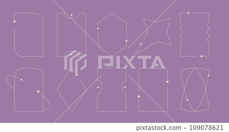 Modern white aesthetic line frames set with sparcle, stars. Y2k geometric vector arc shapes on purple. Modern white aesthetic line frames set with sparcle, stars. Y2k geometric vector arc shapes on purple. 109078621