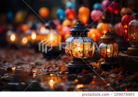 A vibrant and colorful background capturing the glow of lanterns and festival lights, creating a festive atmosphere for Chinese New Year celebrations. 109078905