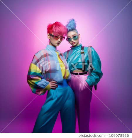 Models in '90s inspired vaporwave fashion, showcasing the blend of retro and futuristic style elements. Generative Ai 109078926