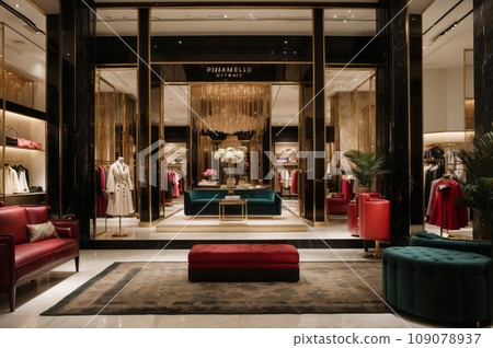 A chic and upscale store interior for Black Friday sales adorned with glamorous , showcasing high-end fashion items and accessories. 109078937