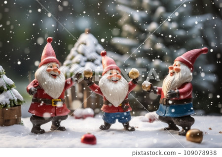 Playful gnomes engaged in a friendly snowball fight in a snowy garden, highlighting the lighthearted and whimsical side of Christmas celebrations. 109078938
