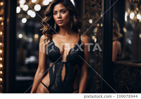 Young woman is trying on discount lingerie, for Black Friday promotion. Low prices for great underwear. 109078944