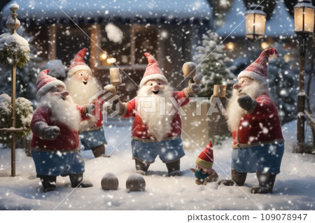 Playful gnomes engaged in a friendly snowball fight in a snowy garden, highlighting the lighthearted and whimsical side of Christmas celebrations. 109078947