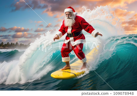 Santa Claus enthusiastically rides a massive, perfectly-formed wave in a picturesque tropical paradise. 109078948