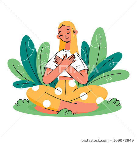 A woman with a kind heart, feeling self-love, bliss, harmony, positive emotions. Happy calm peaceful girl. Caring, humanity, self-help and peace concept. Colored flat vector illustration 109078949
