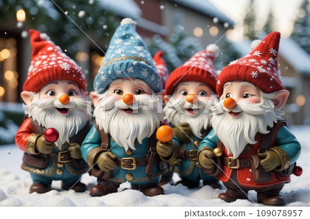 A group of mischievous gnomes joyfully play with Christmas decorations in a picturesque winter garden. Captures the enchanting and carefree spirit of Christmas festivities. 109078957