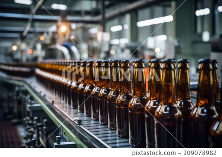 Efficiency in Motion: A Beer Bottles in a row on Conveyor Belt Systems in brewery. Efficiency in Motion: A Beer Bottles in a row on Conveyor Belt Systems in brewery. 109078982