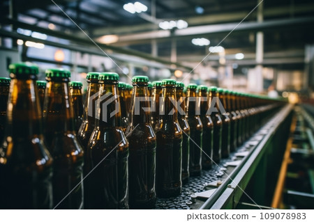 Efficiency in Motion: A Beer Bottles in a row on Conveyor Belt Systems in brewery. Efficiency in Motion: A Beer Bottles in a row on Conveyor Belt Systems in brewery. 109078983