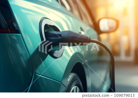 A close-up of electric car charging at EV charger station. Zero Emission Electric Car 109079013