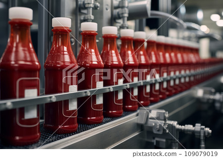 Efficiency and precision of an automated assembly line filling and packaging ketchup bottles. Efficiency and precision of an automated assembly line filling and packaging ketchup bottles. 109079019