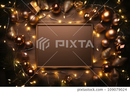 Festive background. Flat lay of Christmas lights and decoration with a center frame for text. 109079024