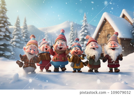 Gnomes dressed in festive attire singing Christmas carols around a snowy village 109079032