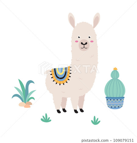 flat vector illustration with cartoon llama and cactus flat vector illustration with cartoon llama and cactus 109079151