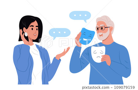 The man hides his face behind social masks with feigned positive or indifferent emotions. A man with imposter syndrome and a woman. The man hides his face behind social masks with feigned positive or indifferent emotions. A man with imposter syndrome and a woman. 109079159