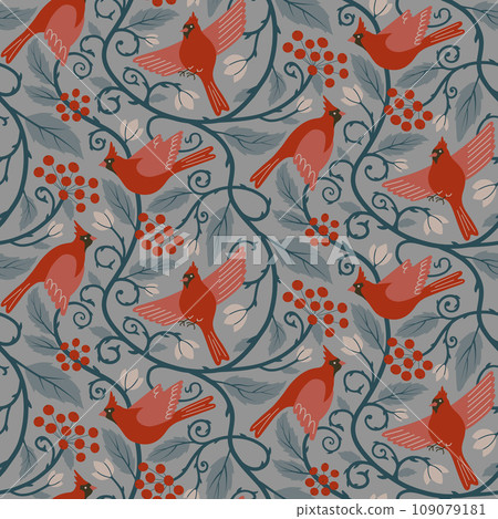 Winter vector seamless pattern with Northern cardinal birds, leaves and branches. Red birds on blue background. Christmas surface pattern design with flying forest birds for fabrics, wallpaper Winter vector seamless pattern with Northern cardinal birds, leaves and branches. Red birds on blue background. Christmas surface pattern design with flying forest birds for fabrics, wallpaper 109079181