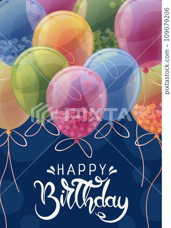 Birthday greeting card template. Banner, flyer with colorful balloons. Happy birthday Invitation design for holiday, anniversary, party 109079206