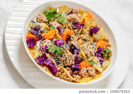 egg roll cabbage soup in bowl, top view 109079263