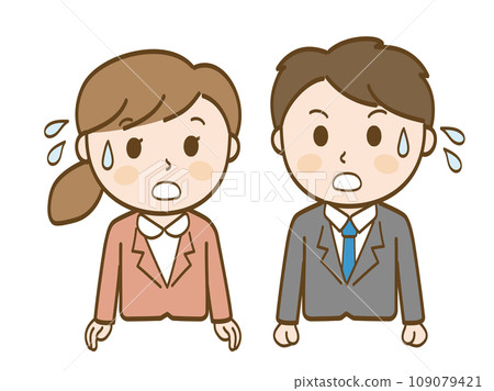 A female office worker and a male office worker in suits sweating and sweating A female office worker and a male office worker in suits sweating and sweating 109079421