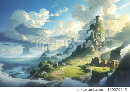 Fantasy illustration of a hidden village on a mountain peak above the clouds Fantasy illustration of a hidden village on a mountain peak above the clouds 109079845