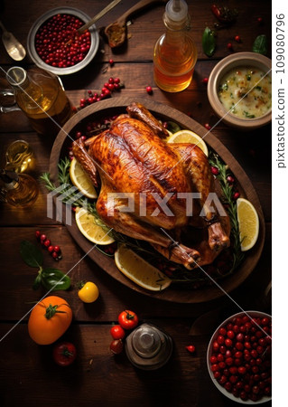Thanksgiving dinner with baked turkey Thanksgiving dinner with baked turkey 109080796