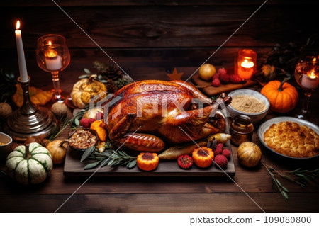 Thanksgiving dinner with baked turkey Thanksgiving dinner with baked turkey 109080800