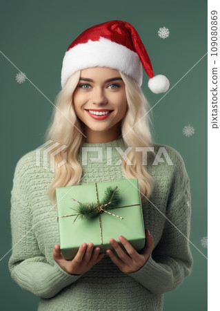 Portrait of young woman in Christmas knitted sweater Portrait of young woman in Christmas knitted sweater 109080869