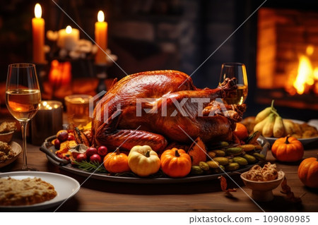 Thanksgiving dinner with baked turkey Thanksgiving dinner with baked turkey 109080985