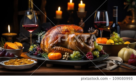 Thanksgiving dinner with baked turkey Thanksgiving dinner with baked turkey 109080993