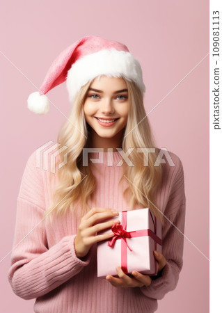 Portrait of young woman in Christmas knitted sweater Portrait of young woman in Christmas knitted sweater 109081113